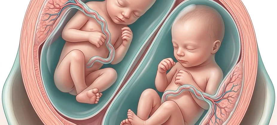 Realistic 3D medical illustration showing twin gestation in separate amniotic sacs within the uterus in Sushant Golf City Lucknow