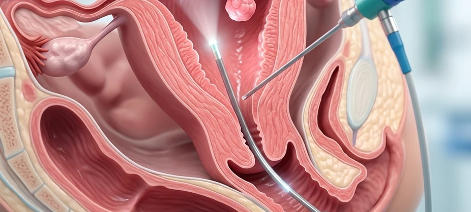 Detailed medical cross-section illustration of hysteroscopy camera evaluating the uterine cavity in Sushant Golf City Lucknow