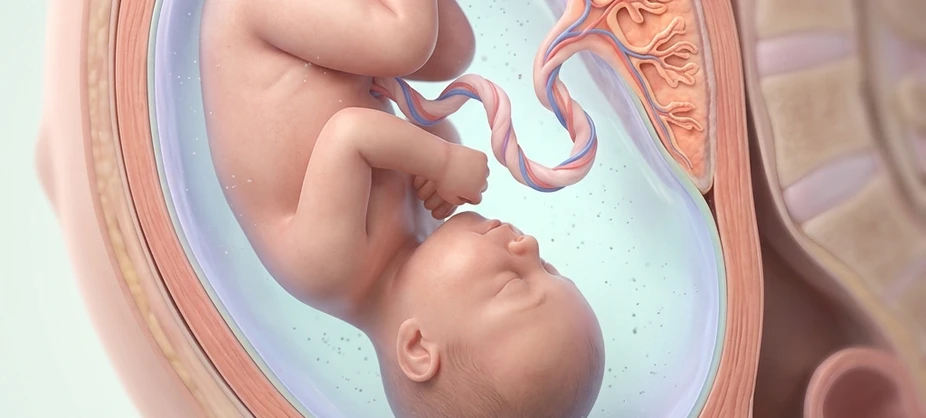 Detailed medical 3D illustration showing a healthy pregnant uterus with developing fetus in head-down position in Sushant Golf City Lucknow