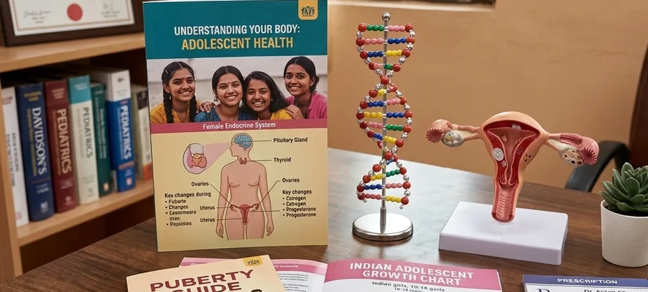 Educational adolescent growth materials and biological endocrine charts on a clinical table in Sushant Golf City Lucknow