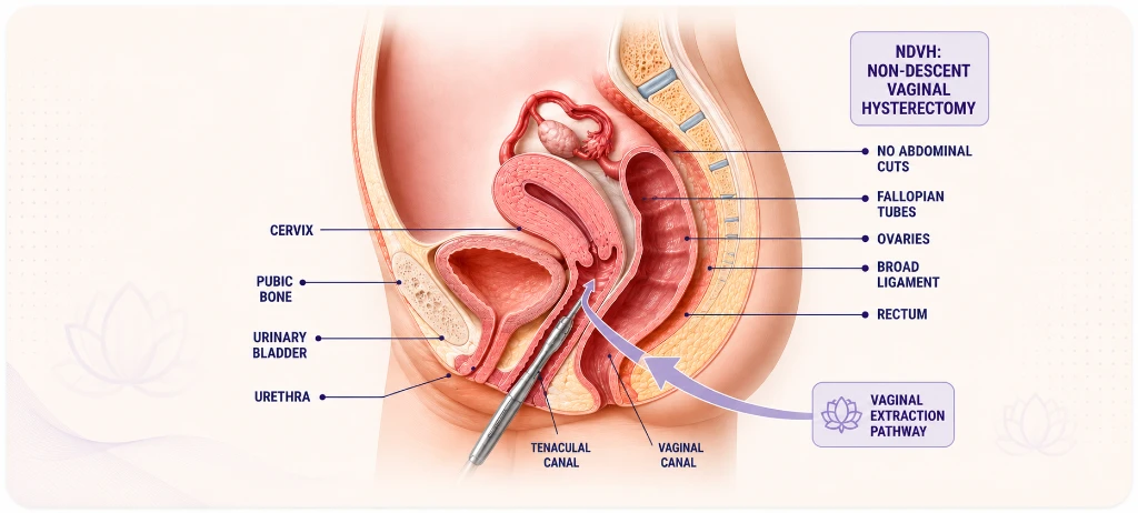 Non-Descent Vaginal Hysterectomy (NDVH) Scarless Uterus Removal Pelvic Anatomy Diagram in Sushant Golf City Lucknow